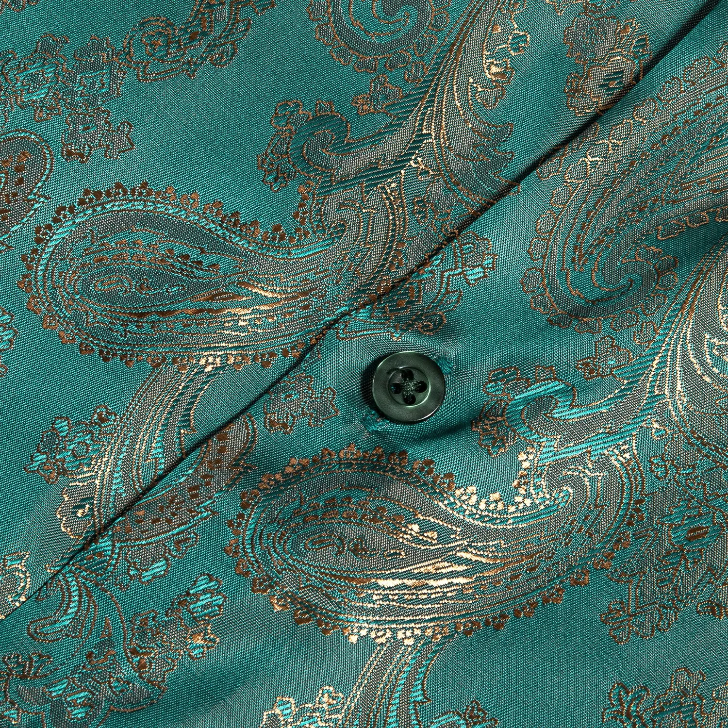 Ties2you Button Down Shirt Lake Blue Green Paisley Pattern Silk Men's Long Sleeve Shirt