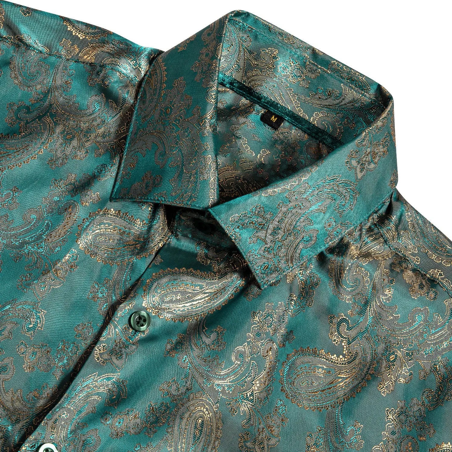 Ties2you Button Down Shirt Lake Blue Green Paisley Pattern Silk Men's Long Sleeve Shirt