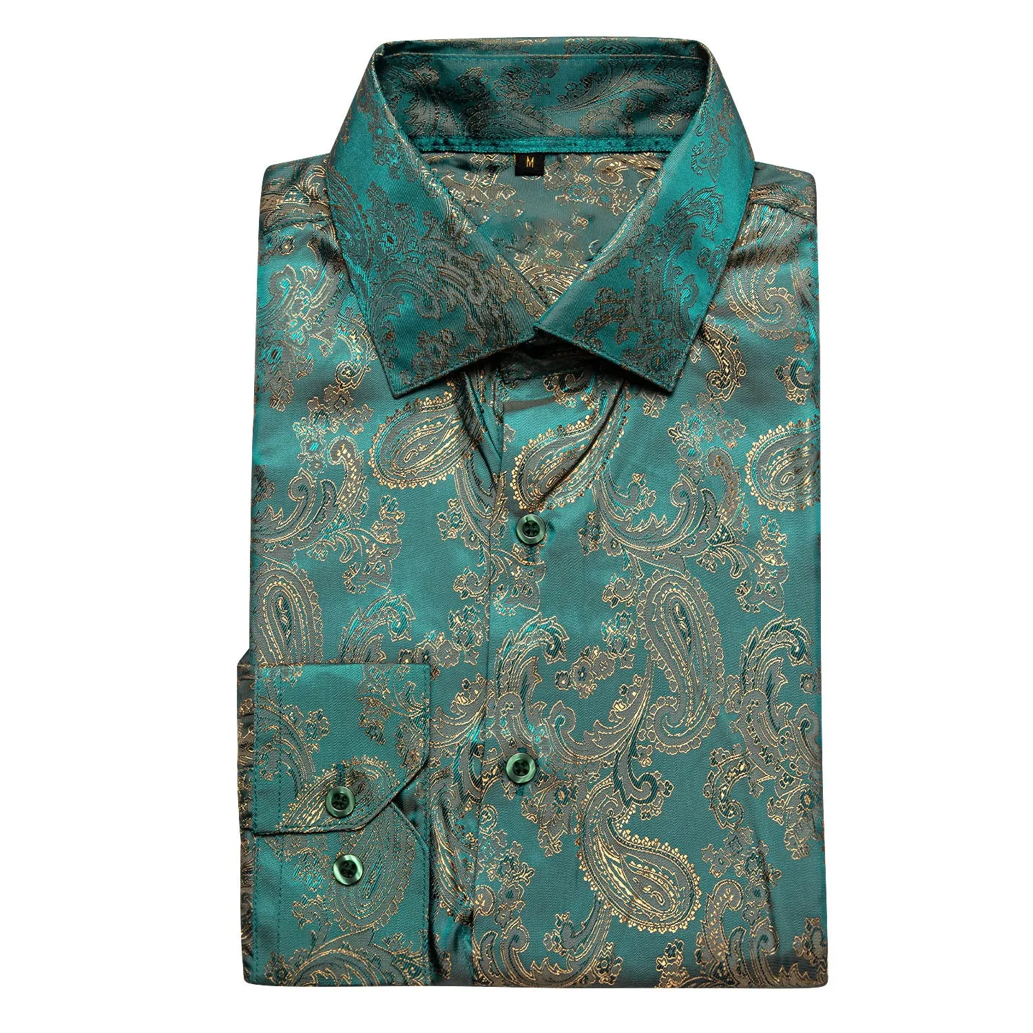 Ties2you Button Down Shirt Lake Blue Green Paisley Pattern Silk Men's Long Sleeve Shirt