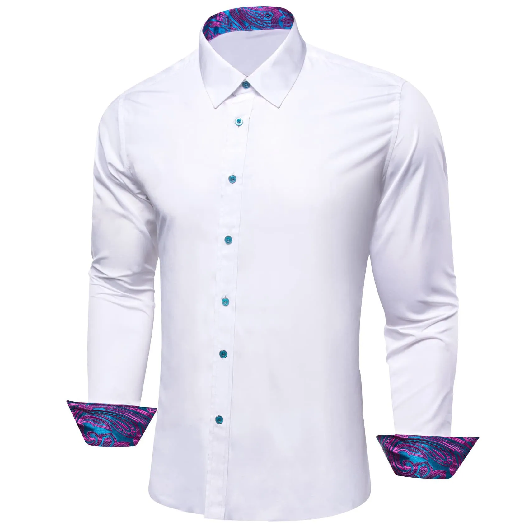 Ties2you Button Up Shirt White Solid Splicing Purple Collared Silk Long Sleeve Shirt for Men