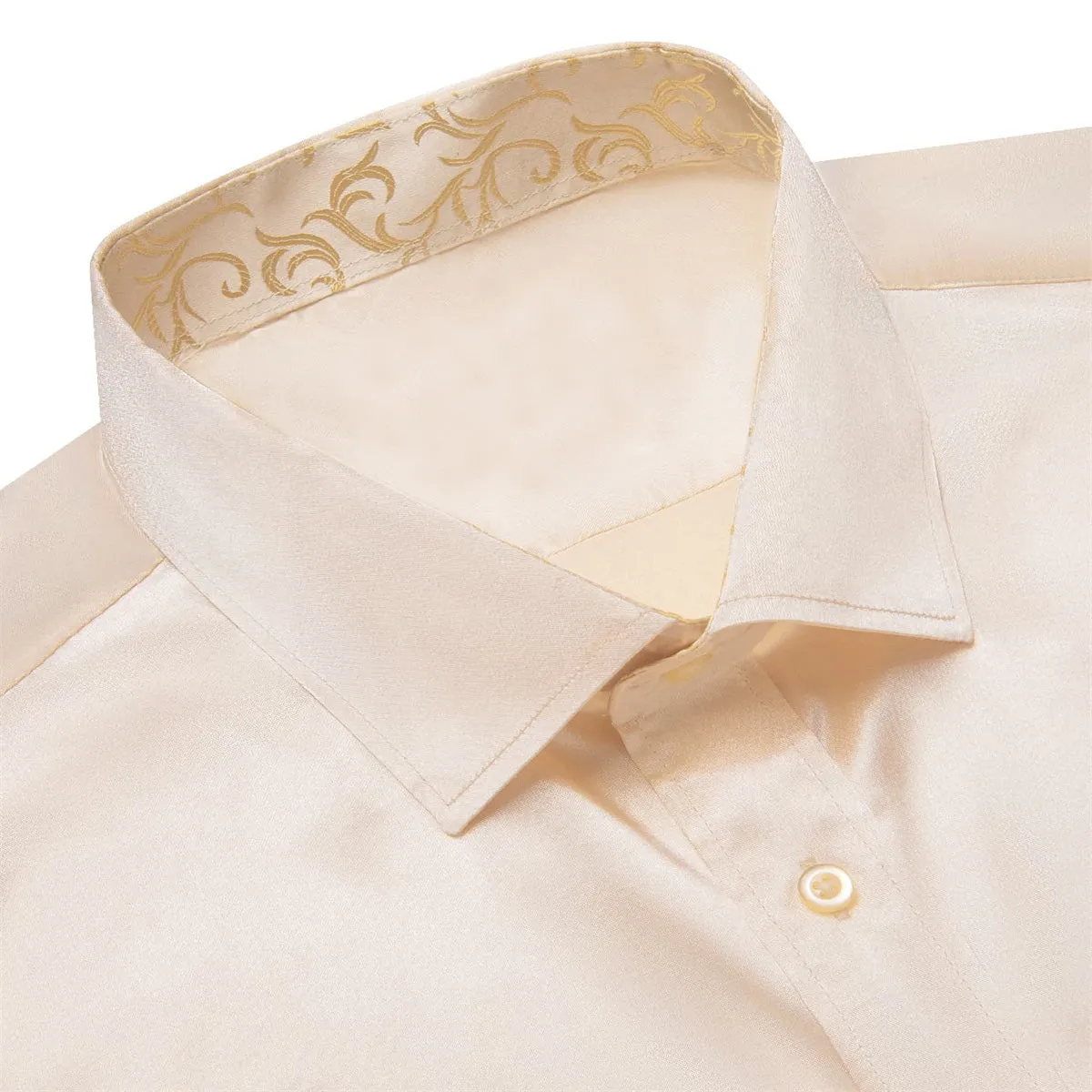 Ties2you Collared Shirt Almond White Satin Solid Long Sleeve Button Up Mens Shirt Top