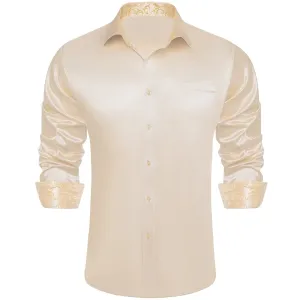 Ties2you Collared Shirt Almond White Satin Solid Long Sleeve Button Up Mens Shirt Top