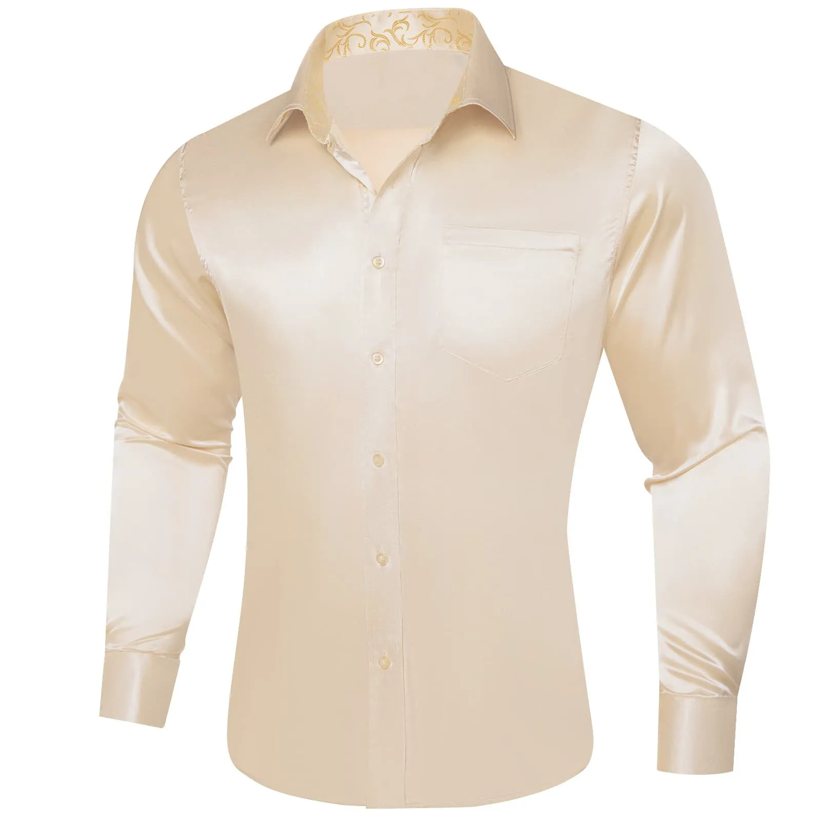 Ties2you Collared Shirt Almond White Satin Solid Long Sleeve Button Up Mens Shirt Top