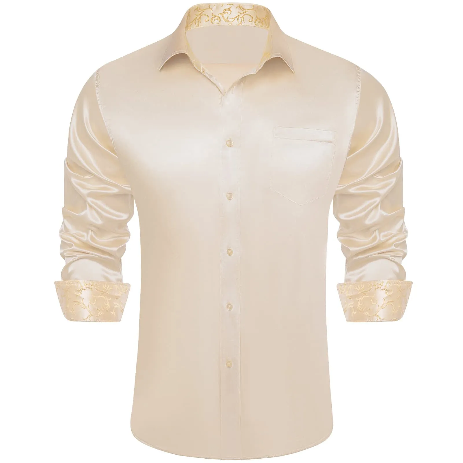 Ties2you Collared Shirt Almond White Satin Solid Long Sleeve Button Up Mens Shirt Top