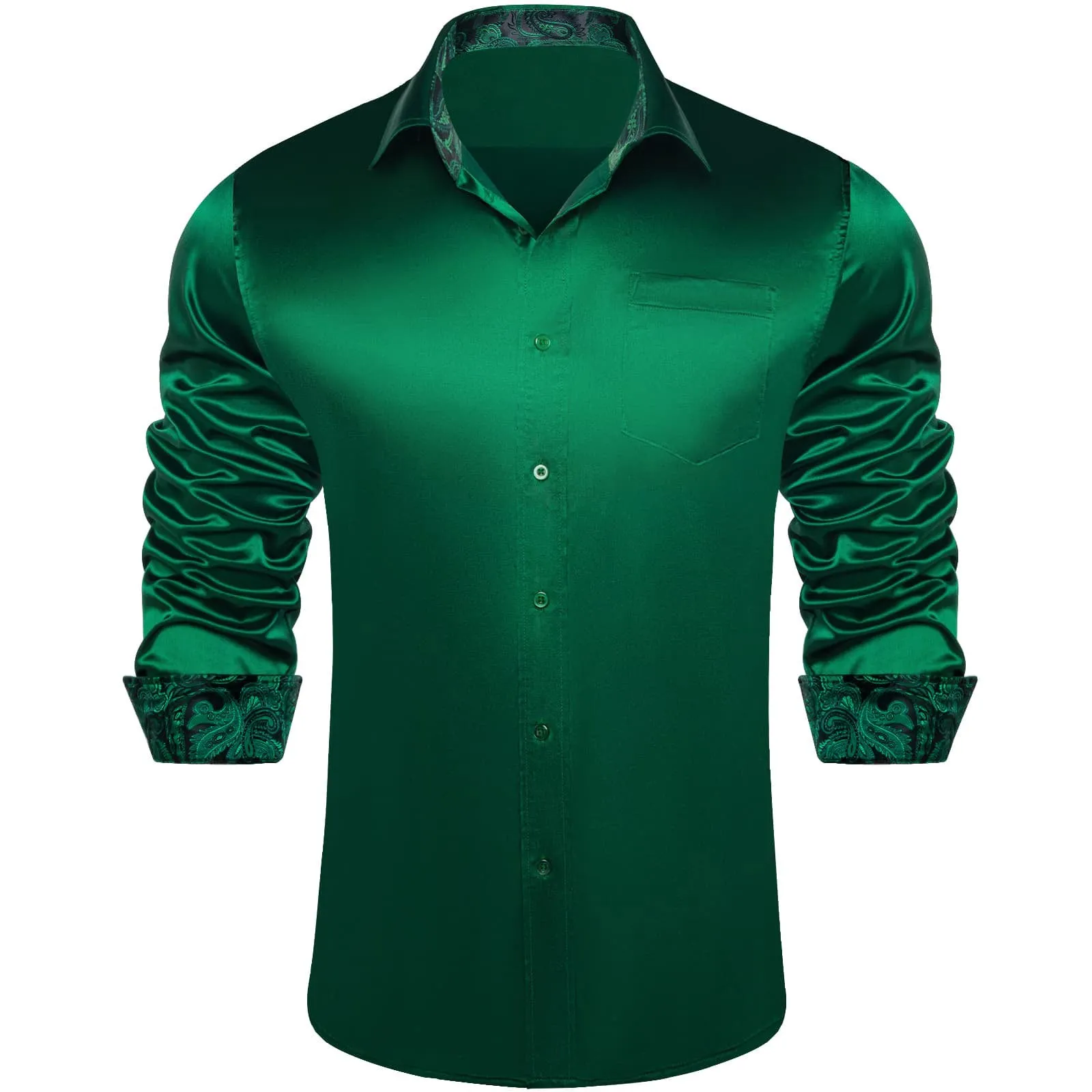 Ties2you Collared Shirt Dark Spring Green Satin Solid Long Sleeve Button Up Mens Shirt Design