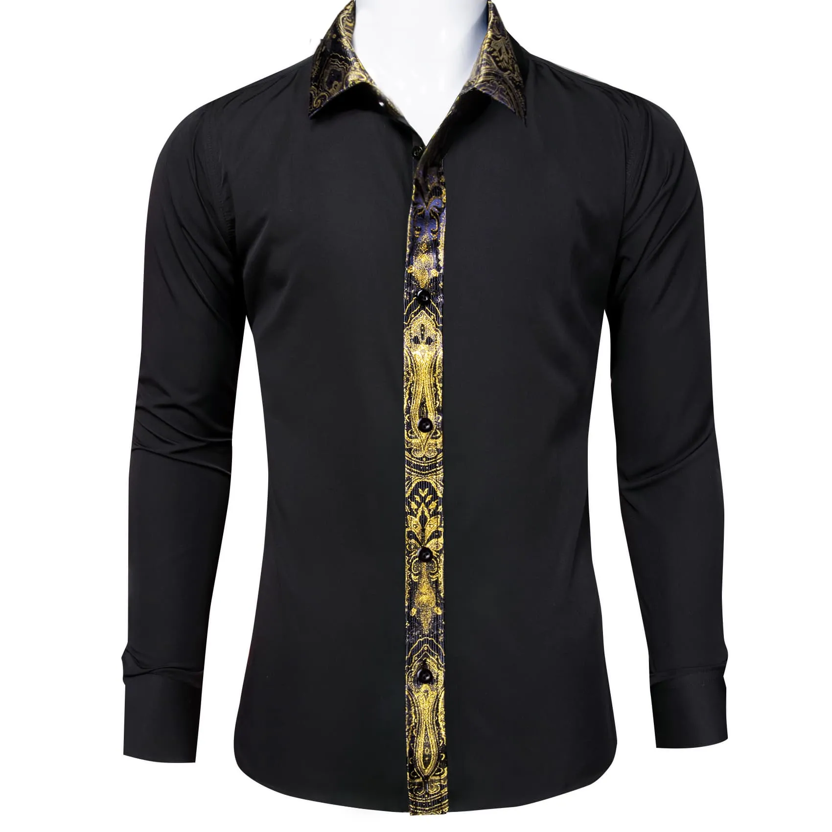 Ties2you Dress Shirt Black Solid Splicing Gold Button Up Long Sleeve Shirts for Men