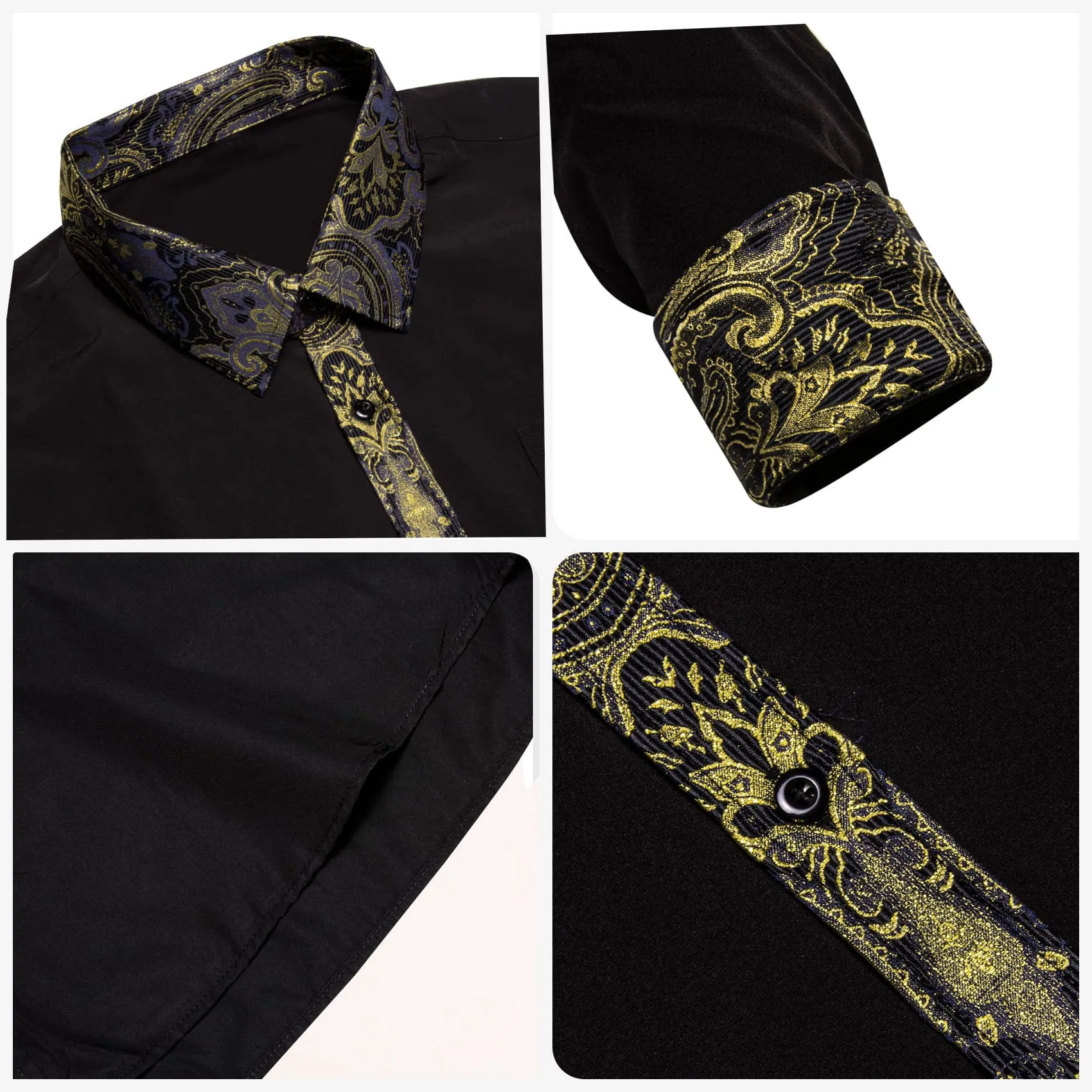 Ties2you Dress Shirt Black Solid Splicing Gold Button Up Long Sleeve Shirts for Men