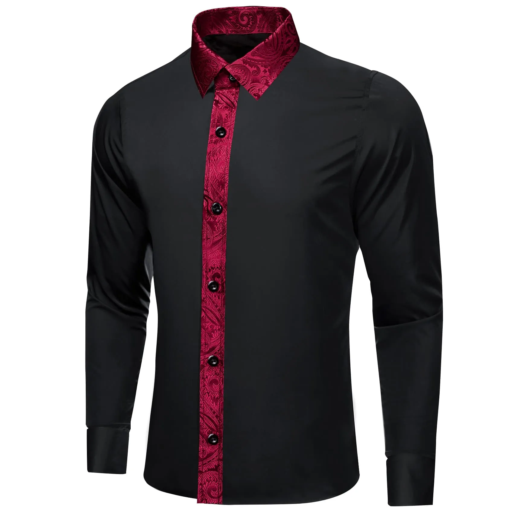 Ties2you Dress Shirt Black Solid Splicing Maroon Button Down Long Sleeve Shirts for Men