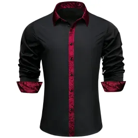 Ties2you Dress Shirt Black Solid Splicing Maroon Button Down Long Sleeve Shirts for Men