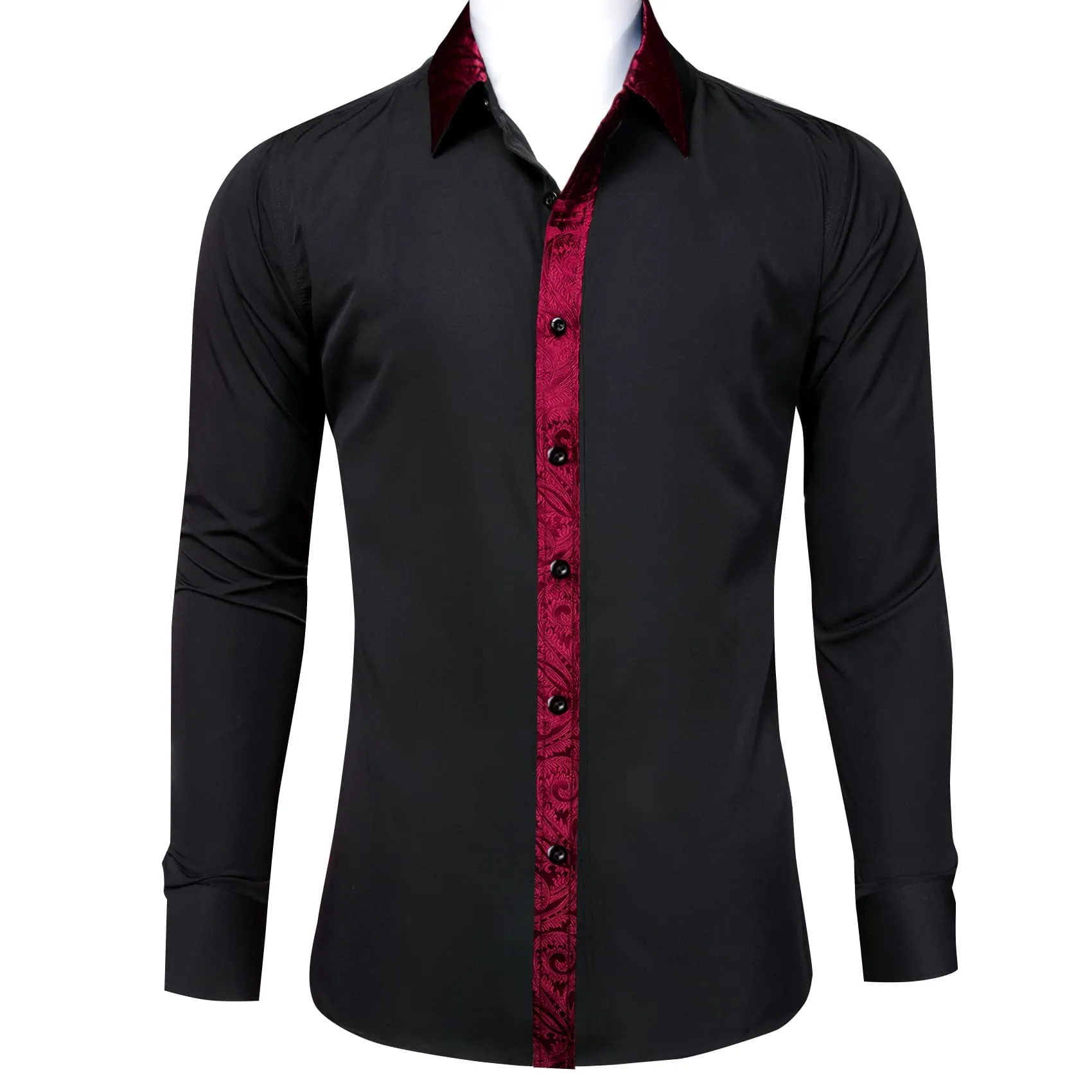 Ties2you Dress Shirt Black Solid Splicing Maroon Button Down Long Sleeve Shirts for Men