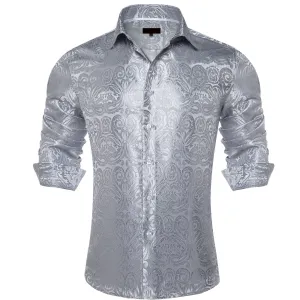 Ties2you Dress Shirt Deep Grey Paisley Long Sleeve Mens Silk Button Up Work Shirt