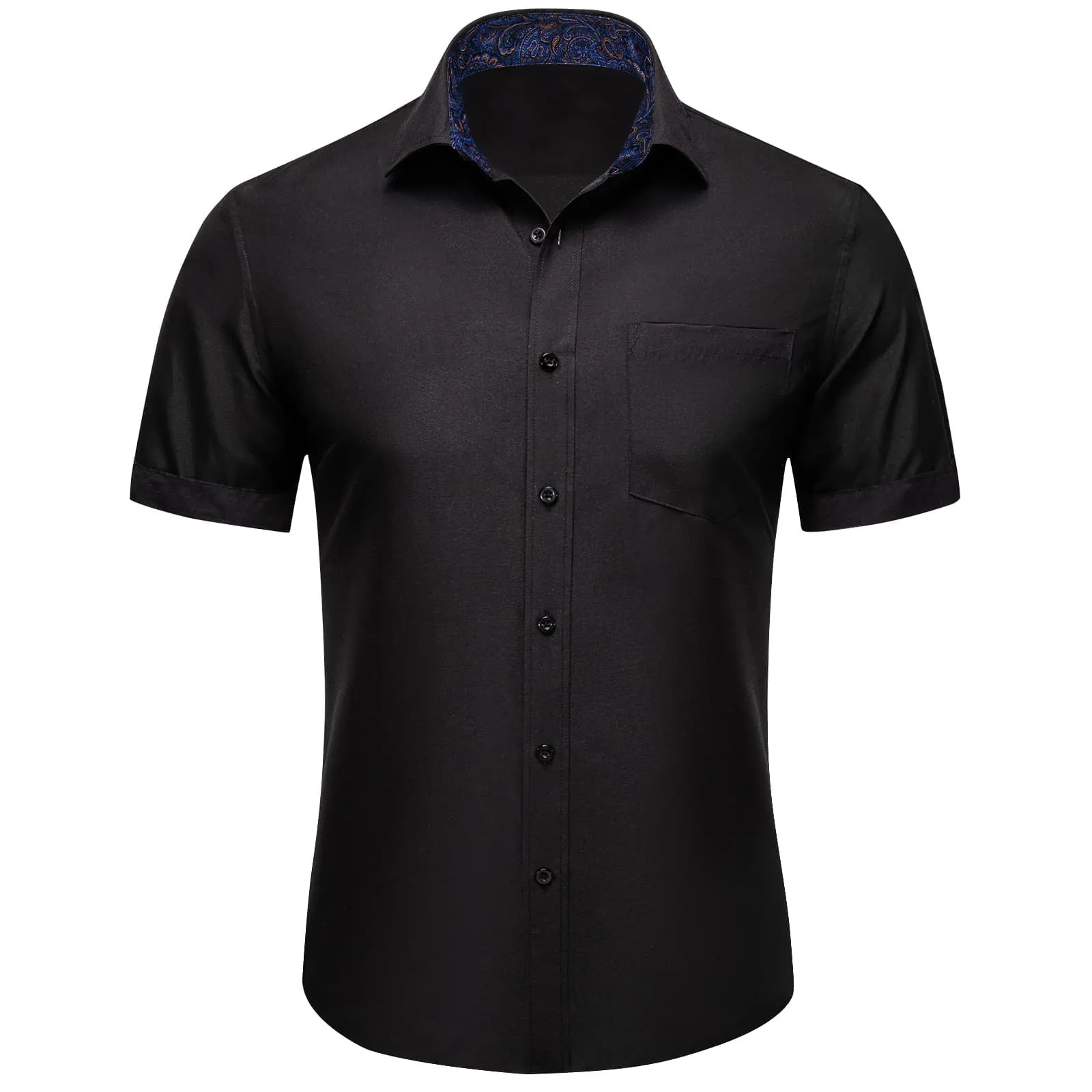 Ties2you Dress Shirt Design Black Blue Splicing Mens Silk Short Sleeve Shirt