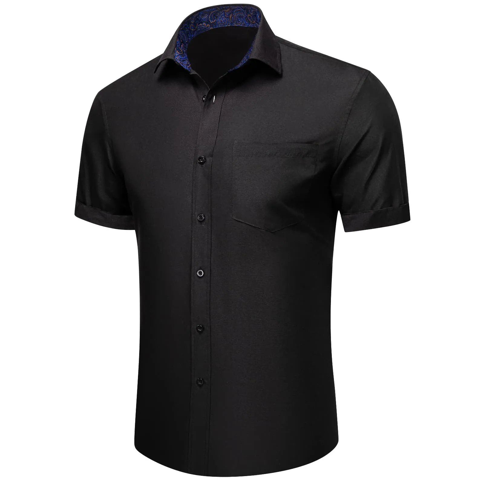 Ties2you Dress Shirt Design Black Blue Splicing Mens Silk Short Sleeve Shirt