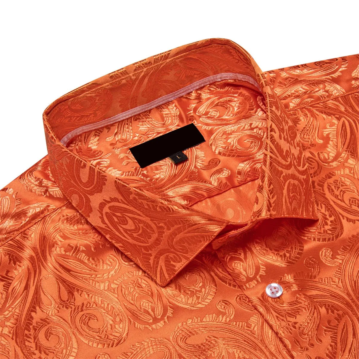 Ties2you Dress Shirt Flame Orange Paisley Long Sleeve Mens Silk Button Up Shirt