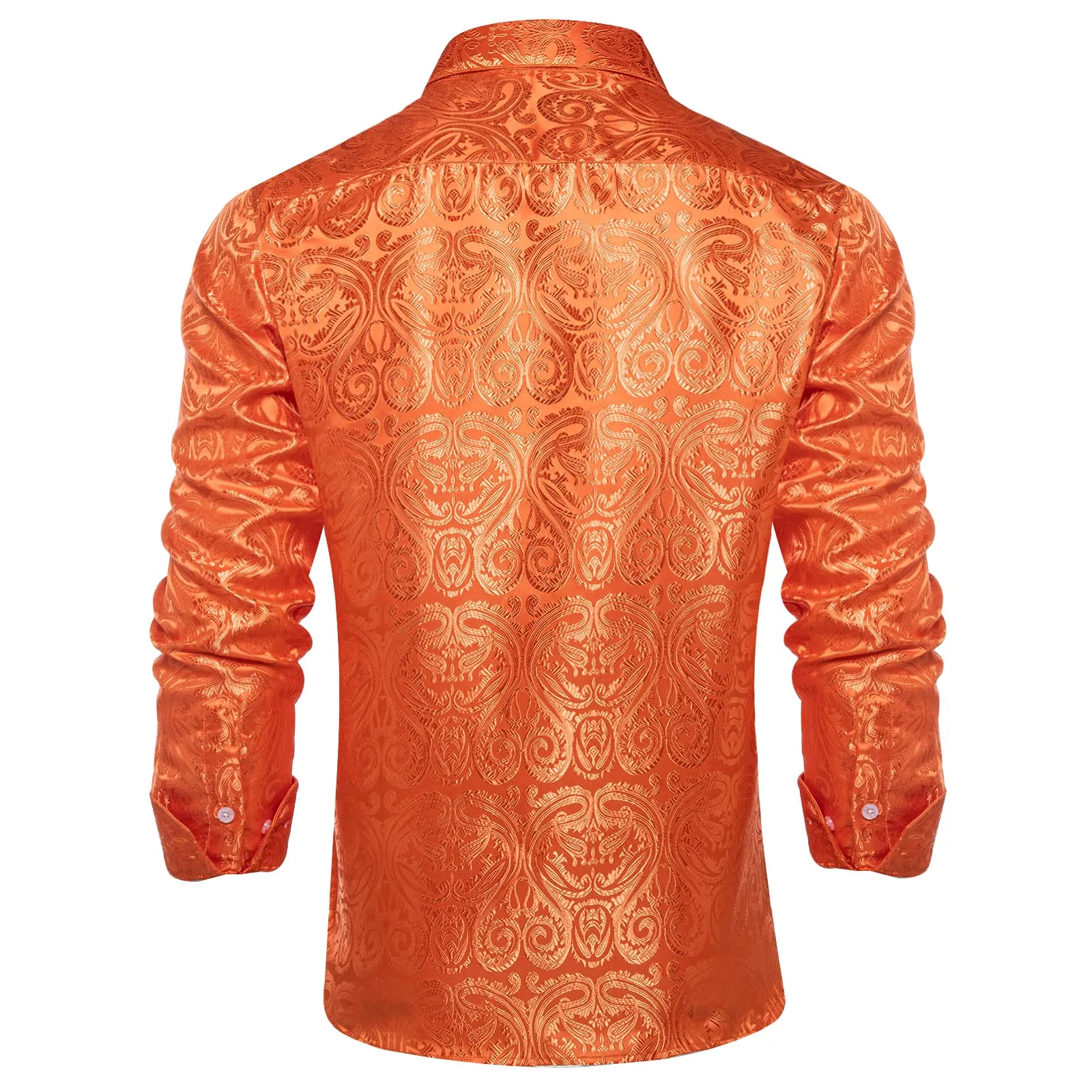 Ties2you Dress Shirt Flame Orange Paisley Long Sleeve Mens Silk Button Up Shirt