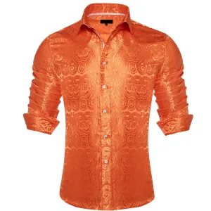 Ties2you Dress Shirt Flame Orange Paisley Long Sleeve Mens Silk Button Up Shirt