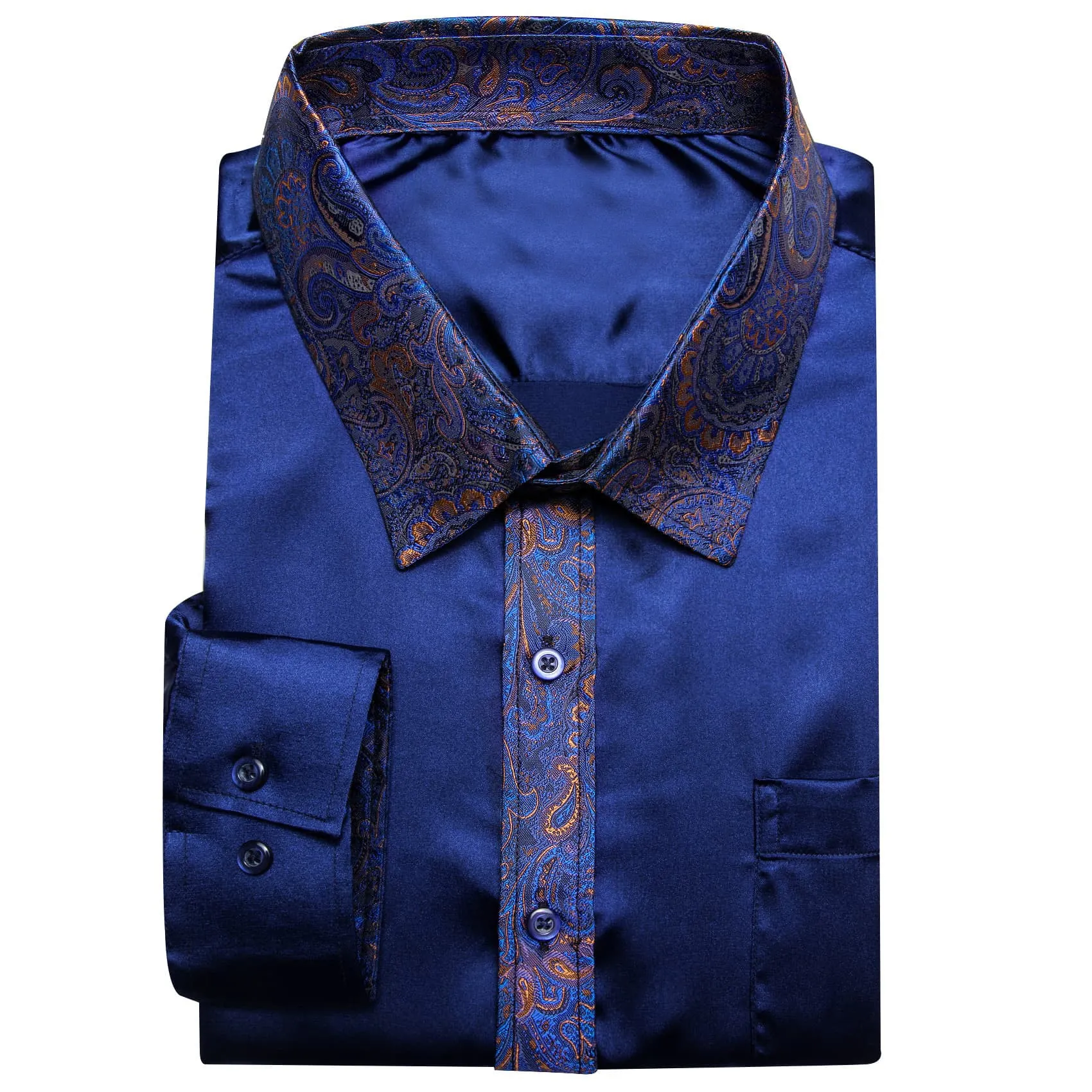 Ties2you Dress Shirt Navy Blue Solid Splicing Paisley Button Down Long Sleeve Shirts for Men