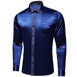 Ties2you Dress Shirt Navy Blue Solid Splicing Paisley Button Down Long Sleeve Shirts for Men