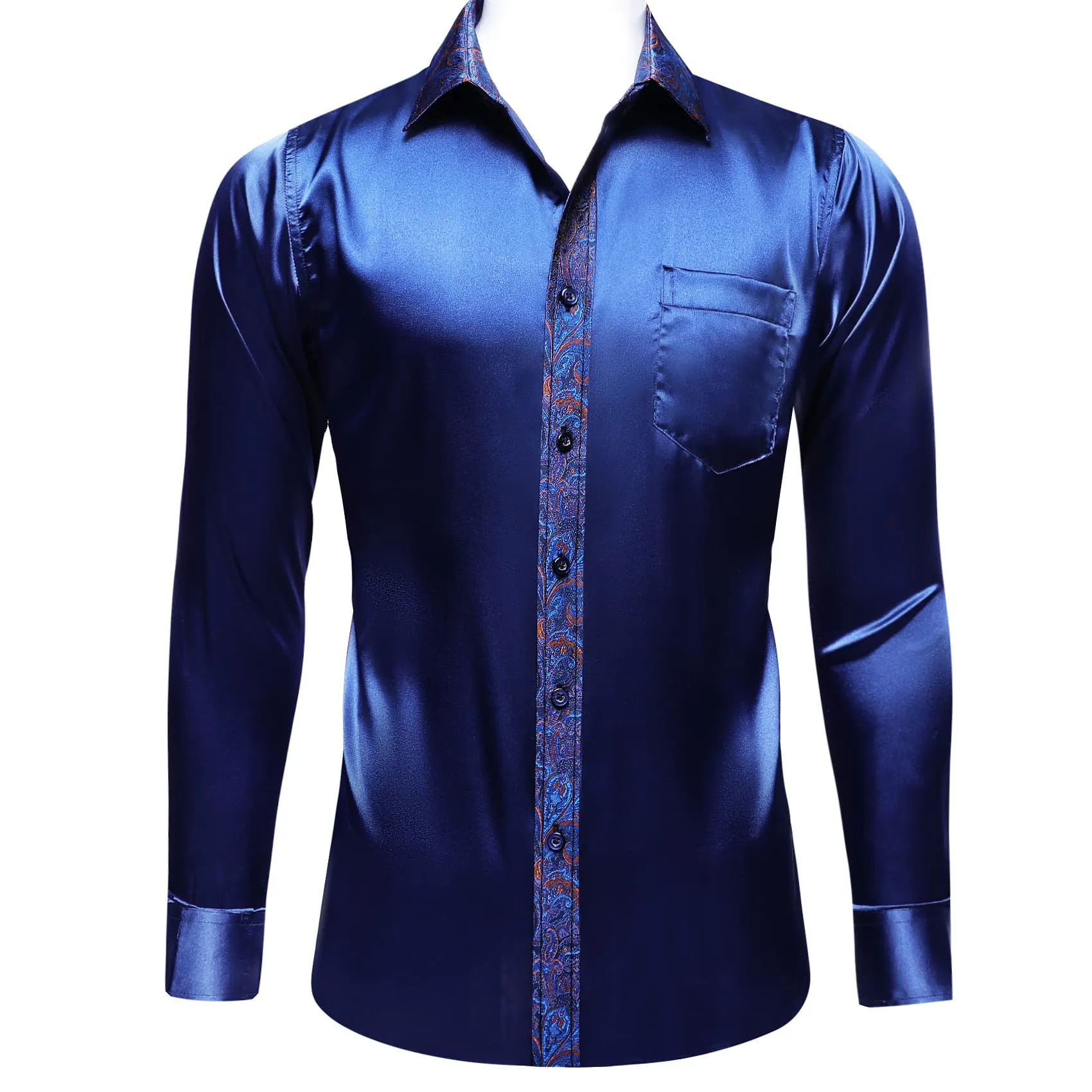 Ties2you Dress Shirt Navy Blue Solid Splicing Paisley Button Down Long Sleeve Shirts for Men