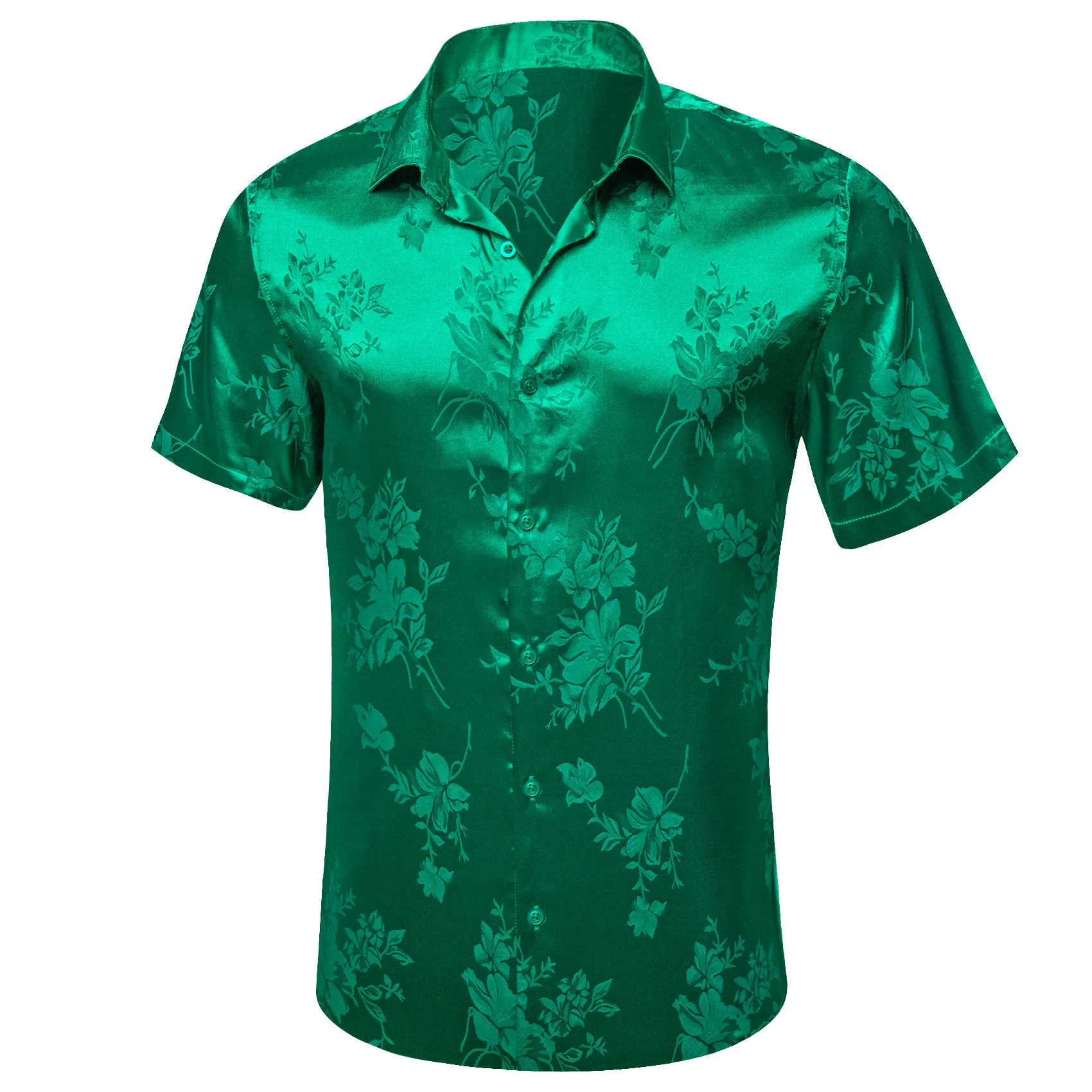 Ties2you Floral Shirt Emerald Green Satin Silk Men's Short Sleeve Shirt