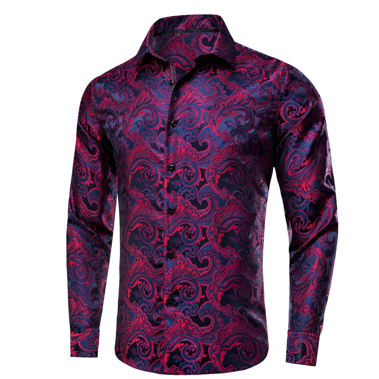 Ties2you Long Sleeve Shirt Navy Blue Red Jacquard Paisley Men's Shirt