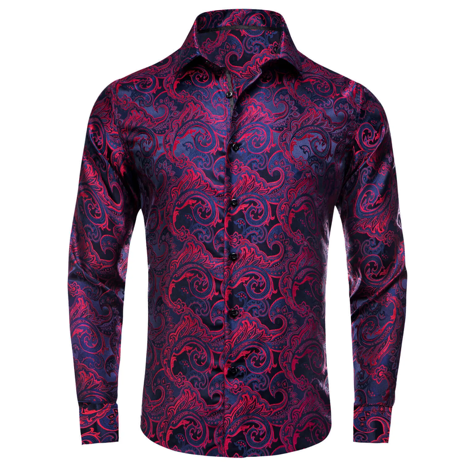 Ties2you Long Sleeve Shirt Navy Blue Red Jacquard Paisley Men's Shirt