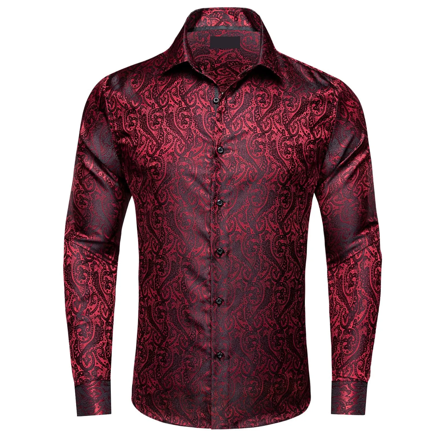 Ties2you Mens Shirt Black Red Jacquard Floral Silk Dress Long Sleeve Shirt