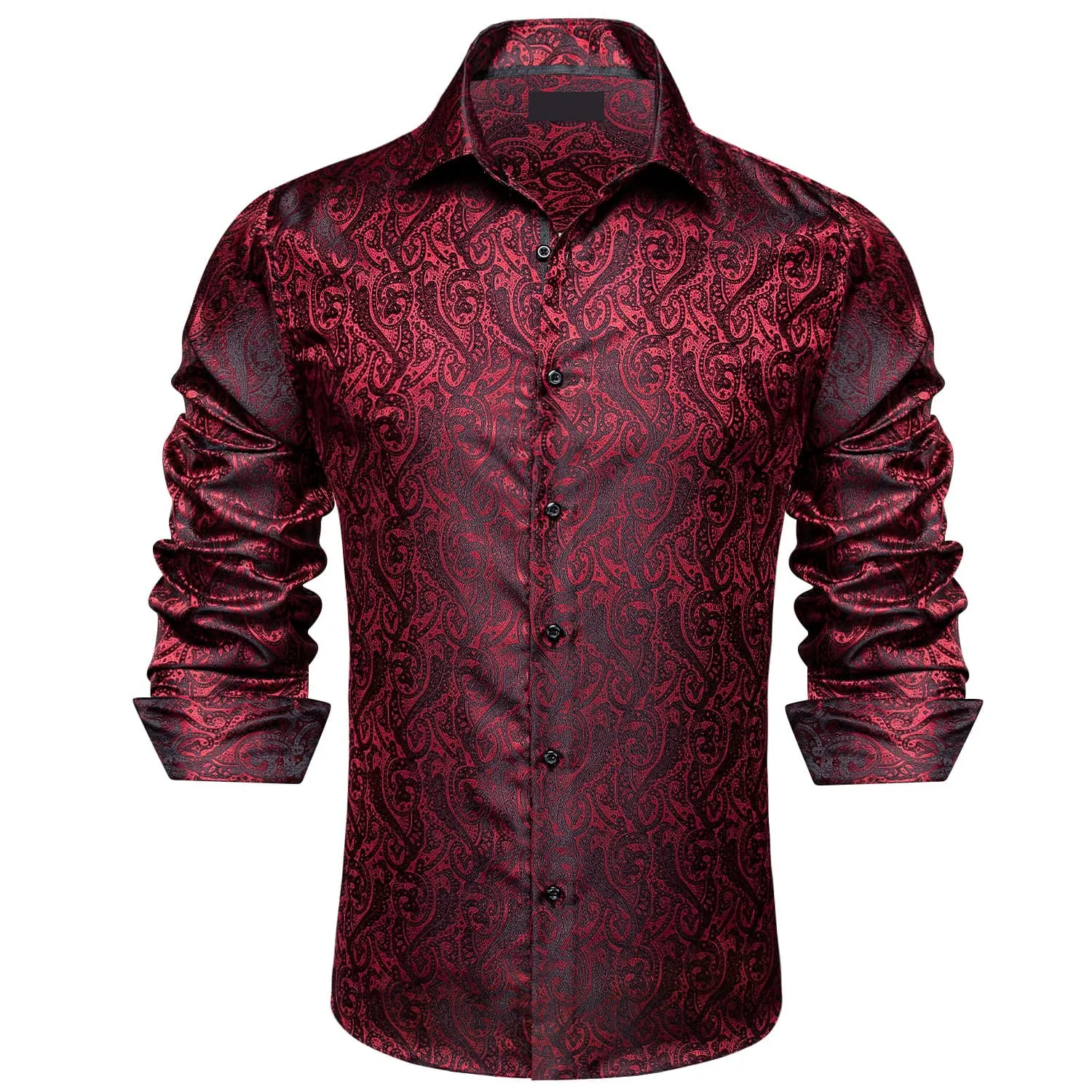 Ties2you Mens Shirt Black Red Jacquard Floral Silk Dress Long Sleeve Shirt