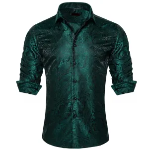 Ties2you Men's Shirt Dark Jungle Green Paisley Silk Long Sleeve Button Up Shirt