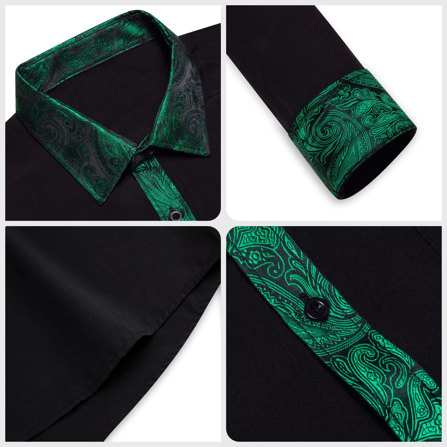 Ties2you Work Shirt Black Green Splicing Long Sleeve Silk Mens Button Up Shirt