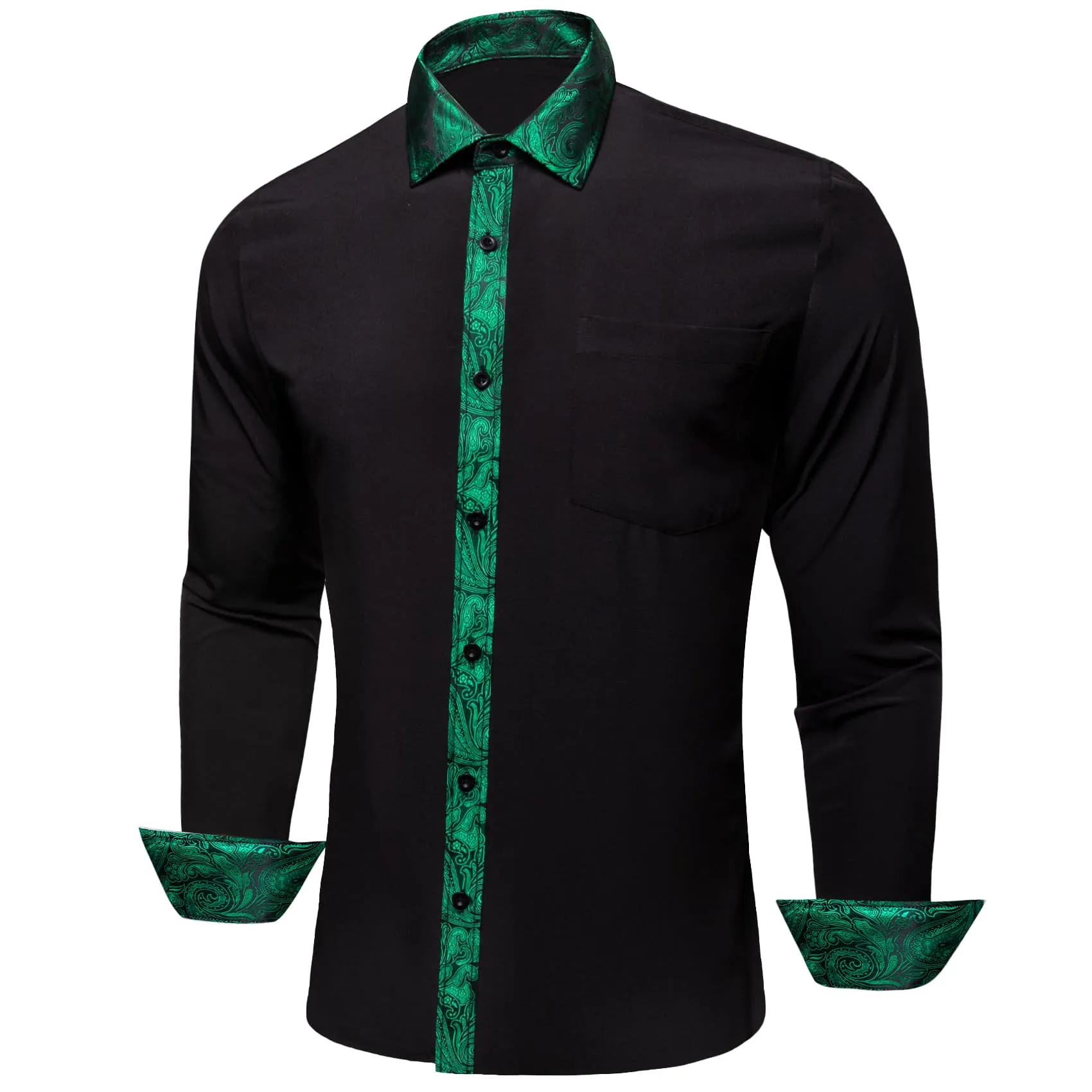 Ties2you Work Shirt Black Green Splicing Long Sleeve Silk Mens Button Up Shirt