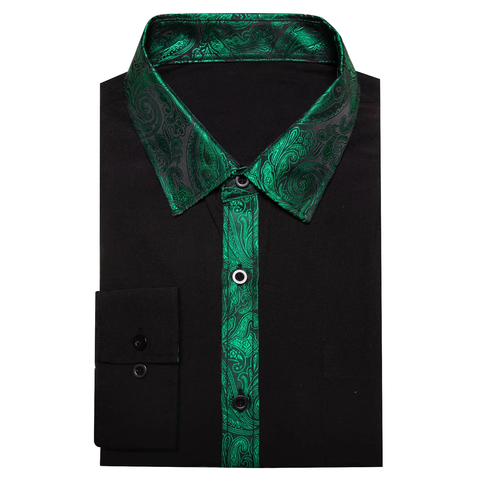 Ties2you Work Shirt Black Green Splicing Long Sleeve Silk Mens Button Up Shirt