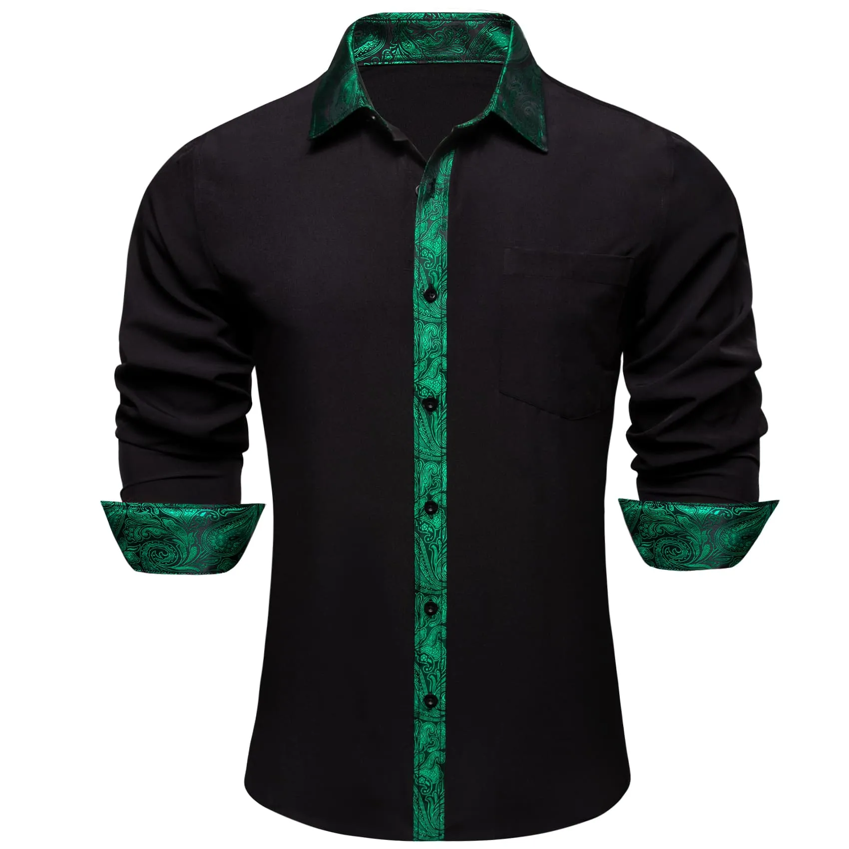 Ties2you Work Shirt Black Green Splicing Long Sleeve Silk Mens Button Up Shirt