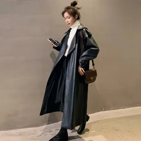 Trench Black Oversized Long Waterproof Leather Trench Coat