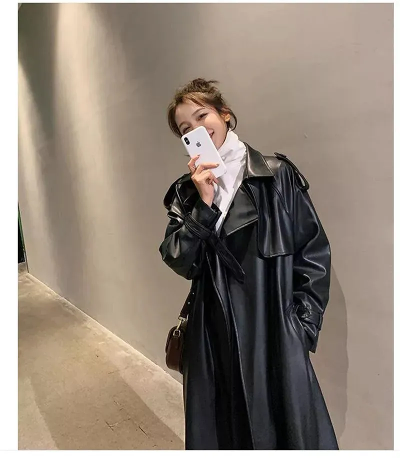 Trench Black Oversized Long Waterproof Leather Trench Coat