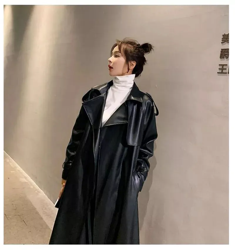 Trench Black Oversized Long Waterproof Leather Trench Coat