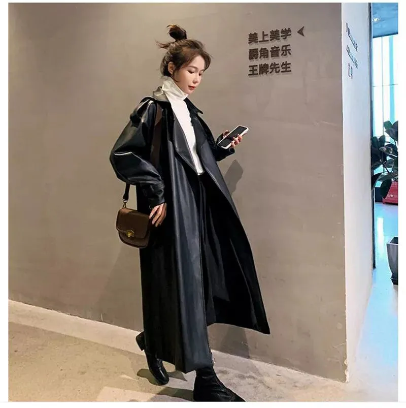 Trench Black Oversized Long Waterproof Leather Trench Coat