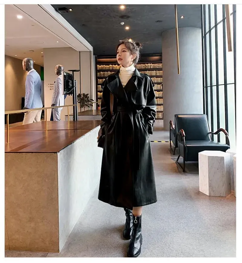 Trench Black Oversized Long Waterproof Leather Trench Coat