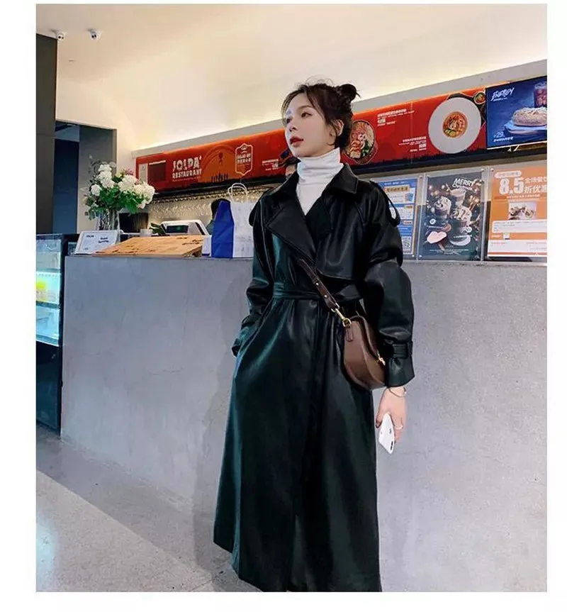 Trench Black Oversized Long Waterproof Leather Trench Coat