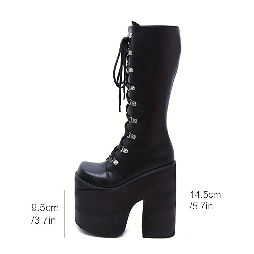 Trendy Chic Knee-High Boots - Y2K Inspired, Side Zipper, Closed Toe, Lace Up, Long Leg, Black Fashion Shoes for Women