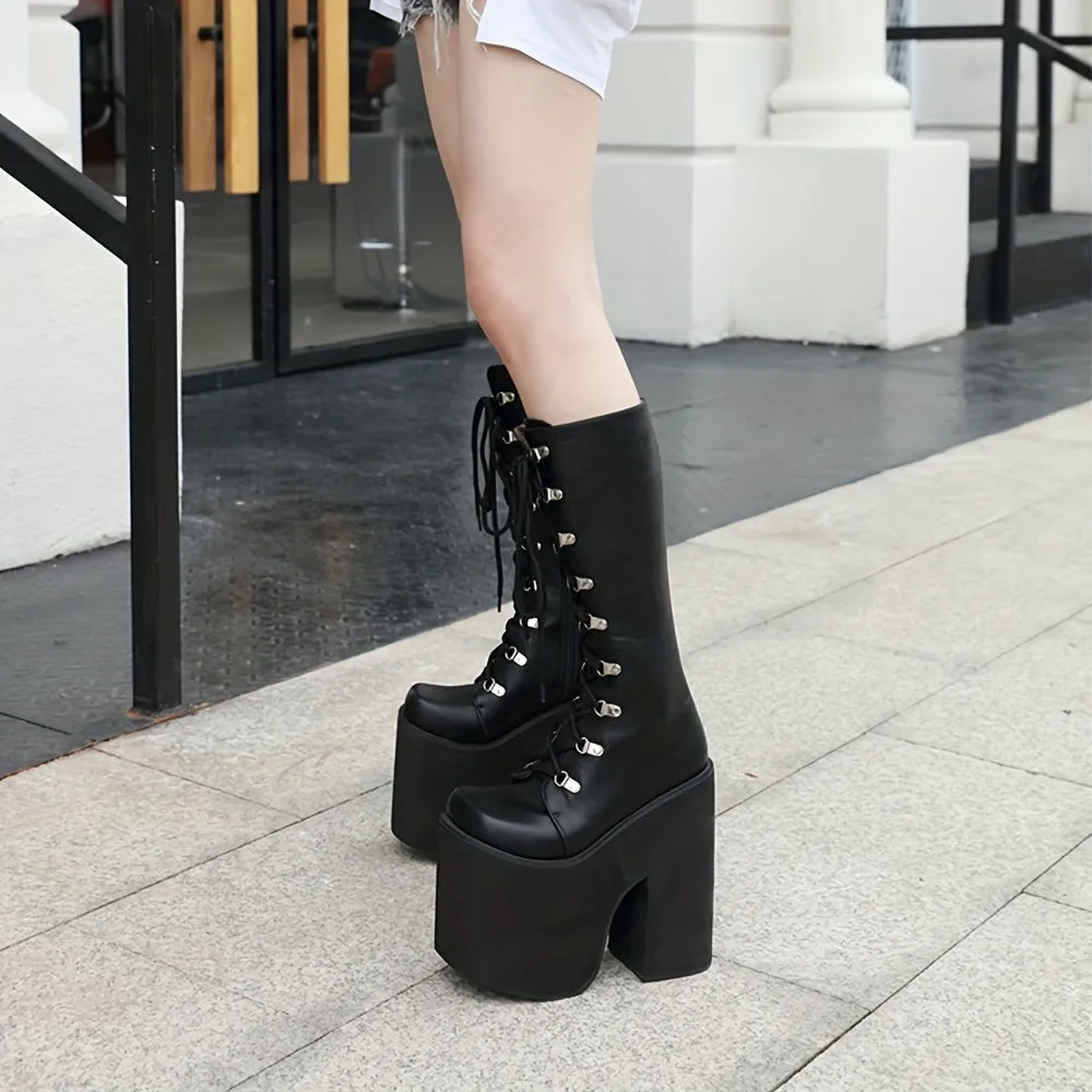 Trendy Chic Knee-High Boots - Y2K Inspired, Side Zipper, Closed Toe, Lace Up, Long Leg, Black Fashion Shoes for Women