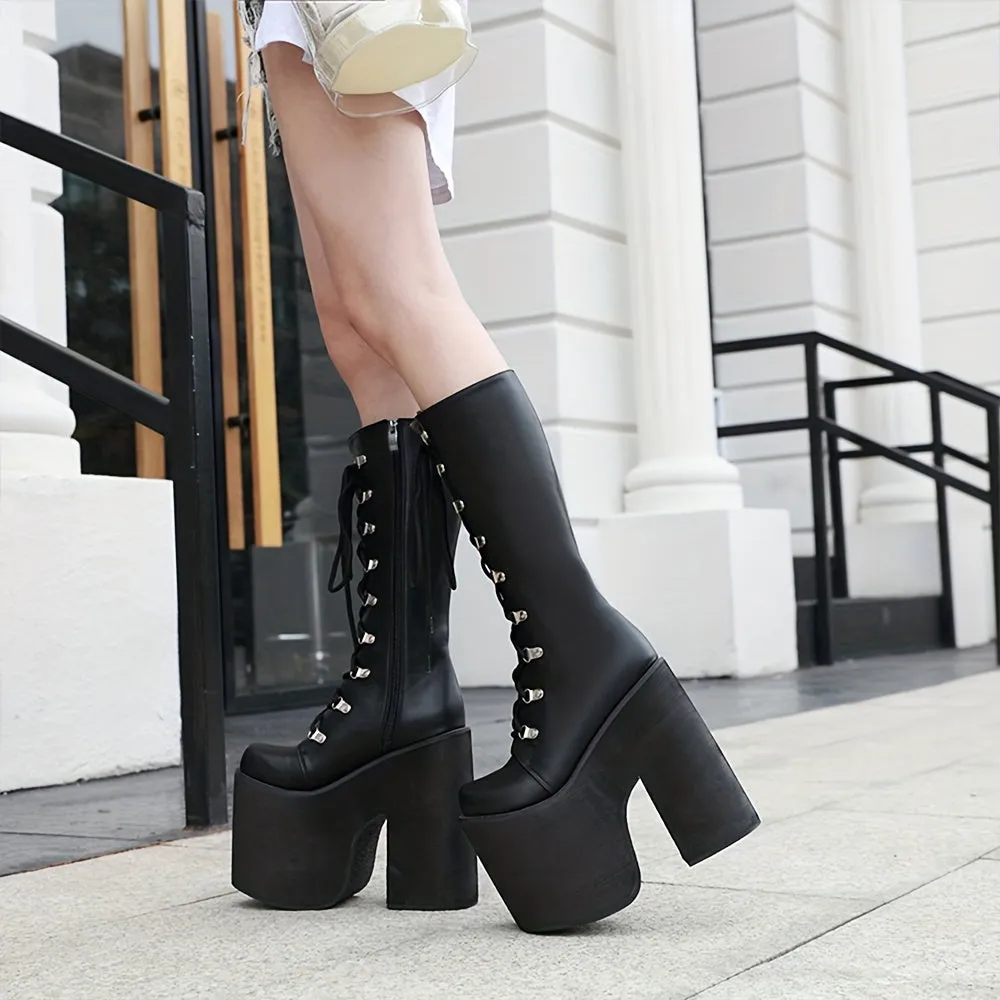 Trendy Chic Knee-High Boots - Y2K Inspired, Side Zipper, Closed Toe, Lace Up, Long Leg, Black Fashion Shoes for Women