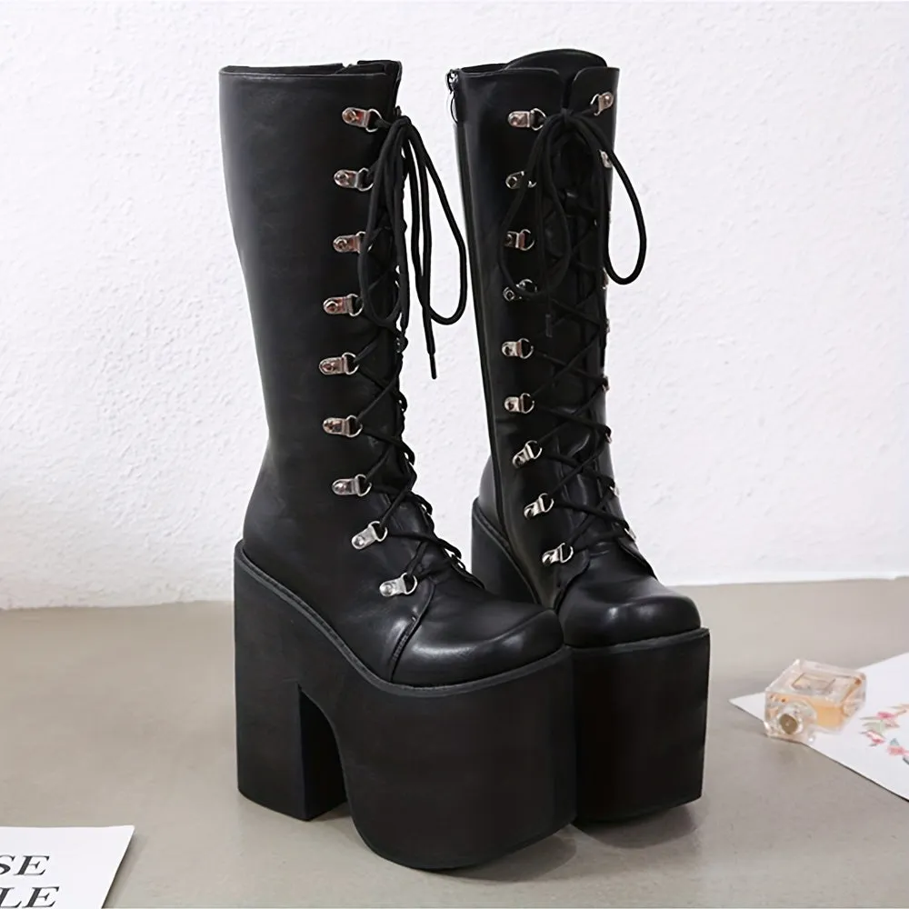 Trendy Chic Knee-High Boots - Y2K Inspired, Side Zipper, Closed Toe, Lace Up, Long Leg, Black Fashion Shoes for Women