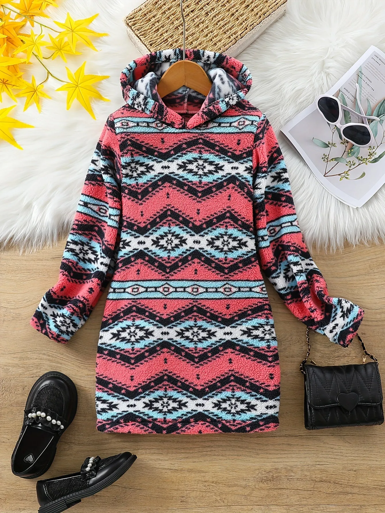 Trendy Graphic Hooded Dress for Girls - Casual Warm Dresses for Fall Winter Christmas with Creative Pattern and Hooded Design - Perfect for Holiday Season