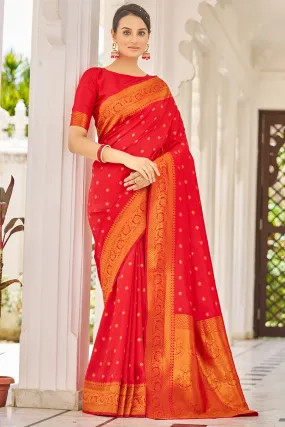 Trendy Red Kanjivaram Silk Saree With Demanding Blouse Piece