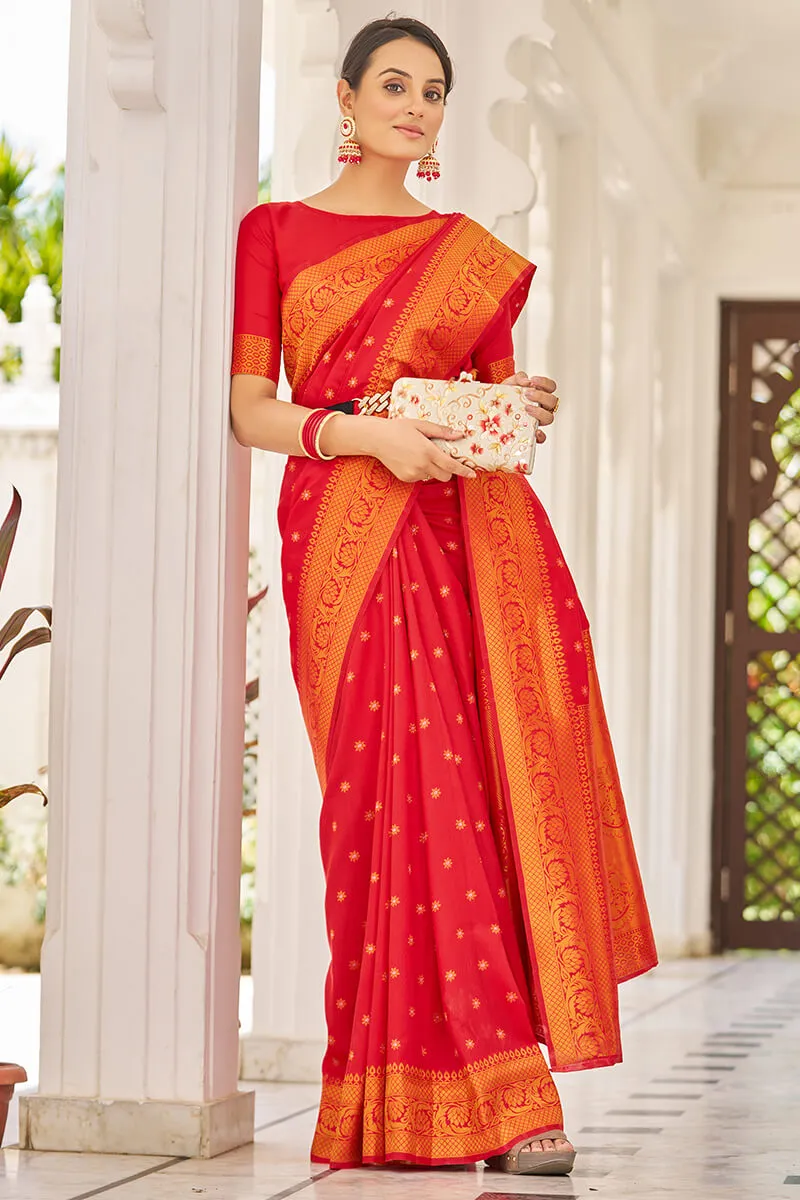 Trendy Red Kanjivaram Silk Saree With Demanding Blouse Piece