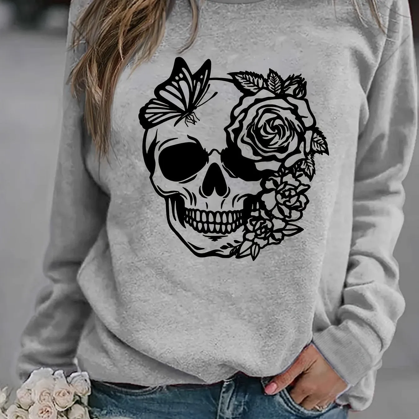 Trendy Rose Skull Graphic Loose Fit Sweatshirt - Soft, Casual, Long Sleeve Crew Neck Design, Women's Fashion Clothing for Everyday Wear