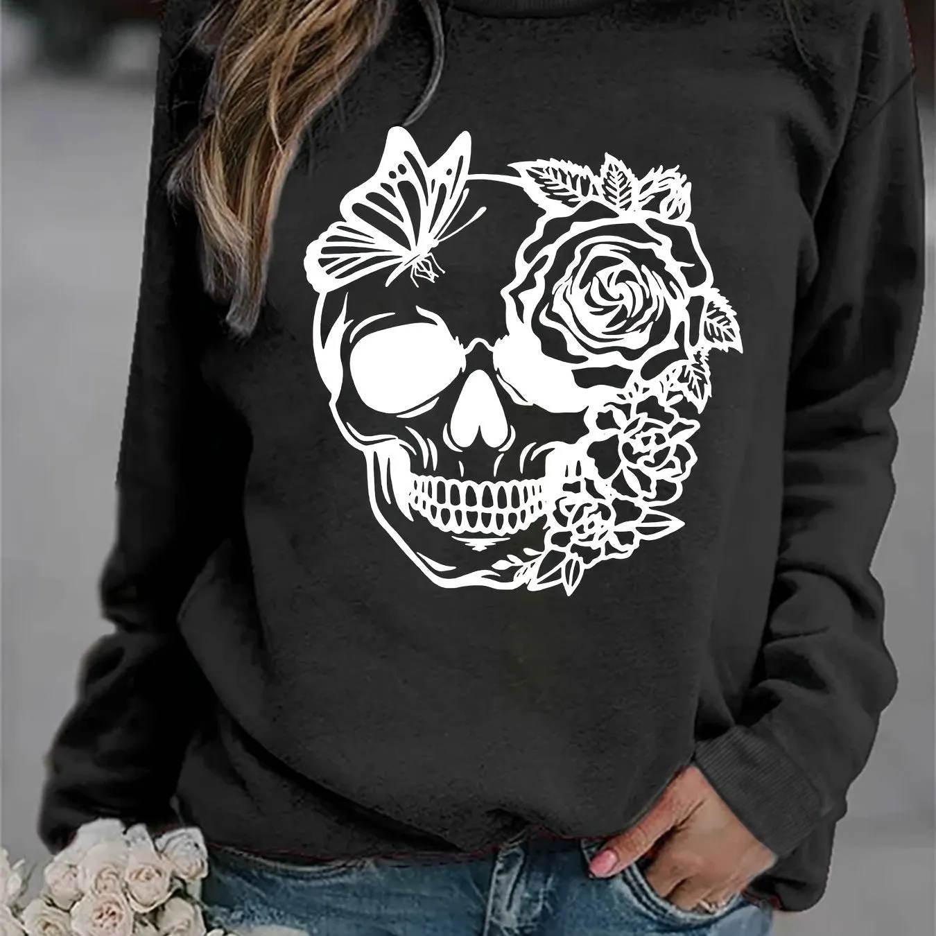 Trendy Rose Skull Graphic Loose Fit Sweatshirt - Soft, Casual, Long Sleeve Crew Neck Design, Women's Fashion Clothing for Everyday Wear