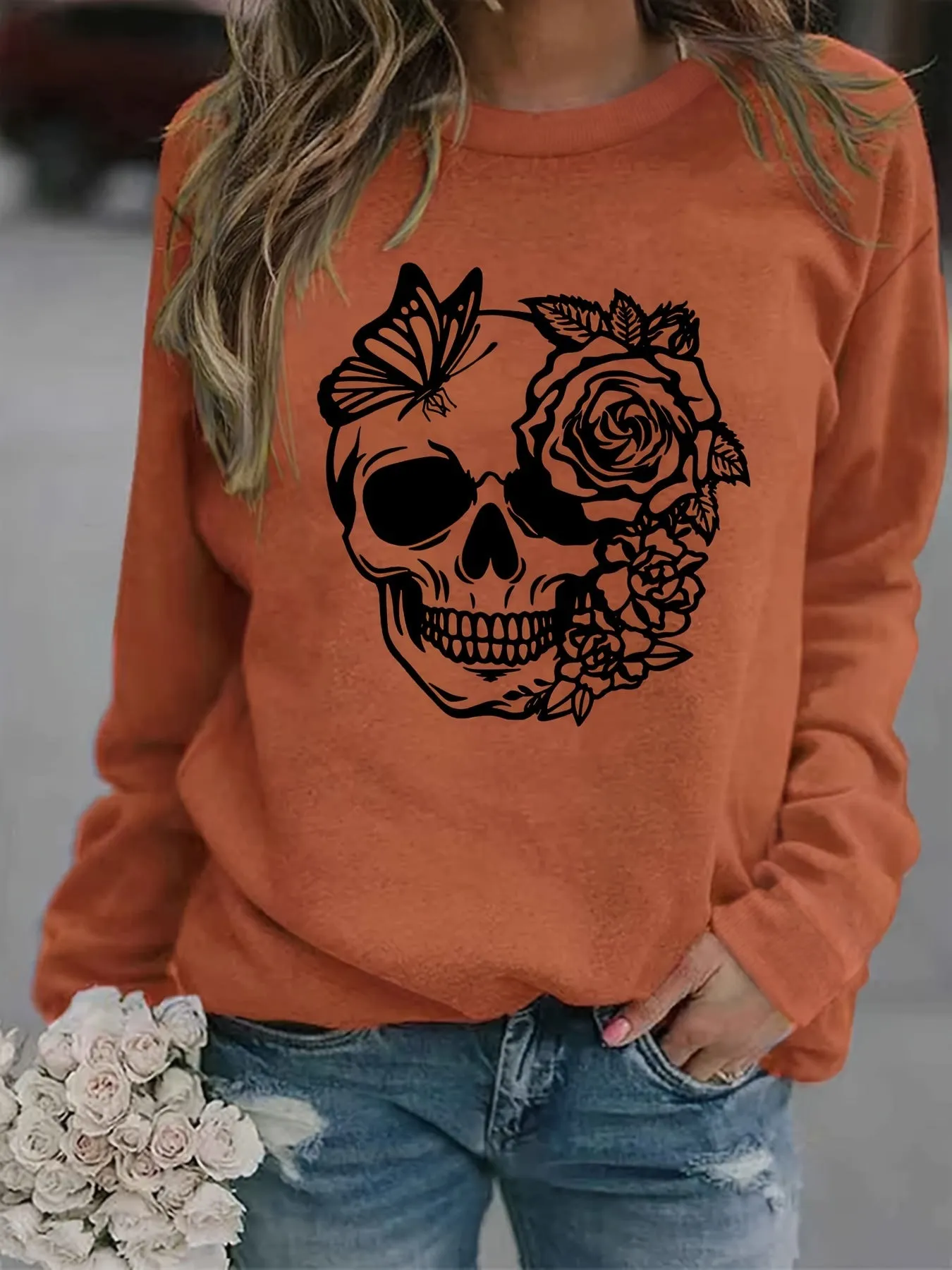 Trendy Rose Skull Graphic Loose Fit Sweatshirt - Soft, Casual, Long Sleeve Crew Neck Design, Women's Fashion Clothing for Everyday Wear