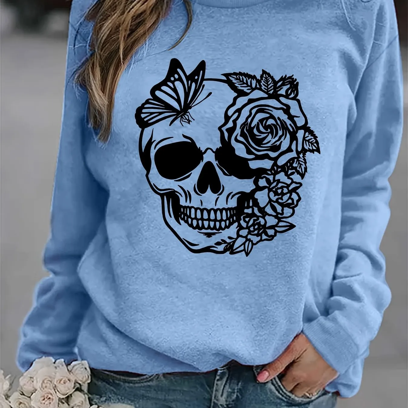 Trendy Rose Skull Graphic Loose Fit Sweatshirt - Soft, Casual, Long Sleeve Crew Neck Design, Women's Fashion Clothing for Everyday Wear